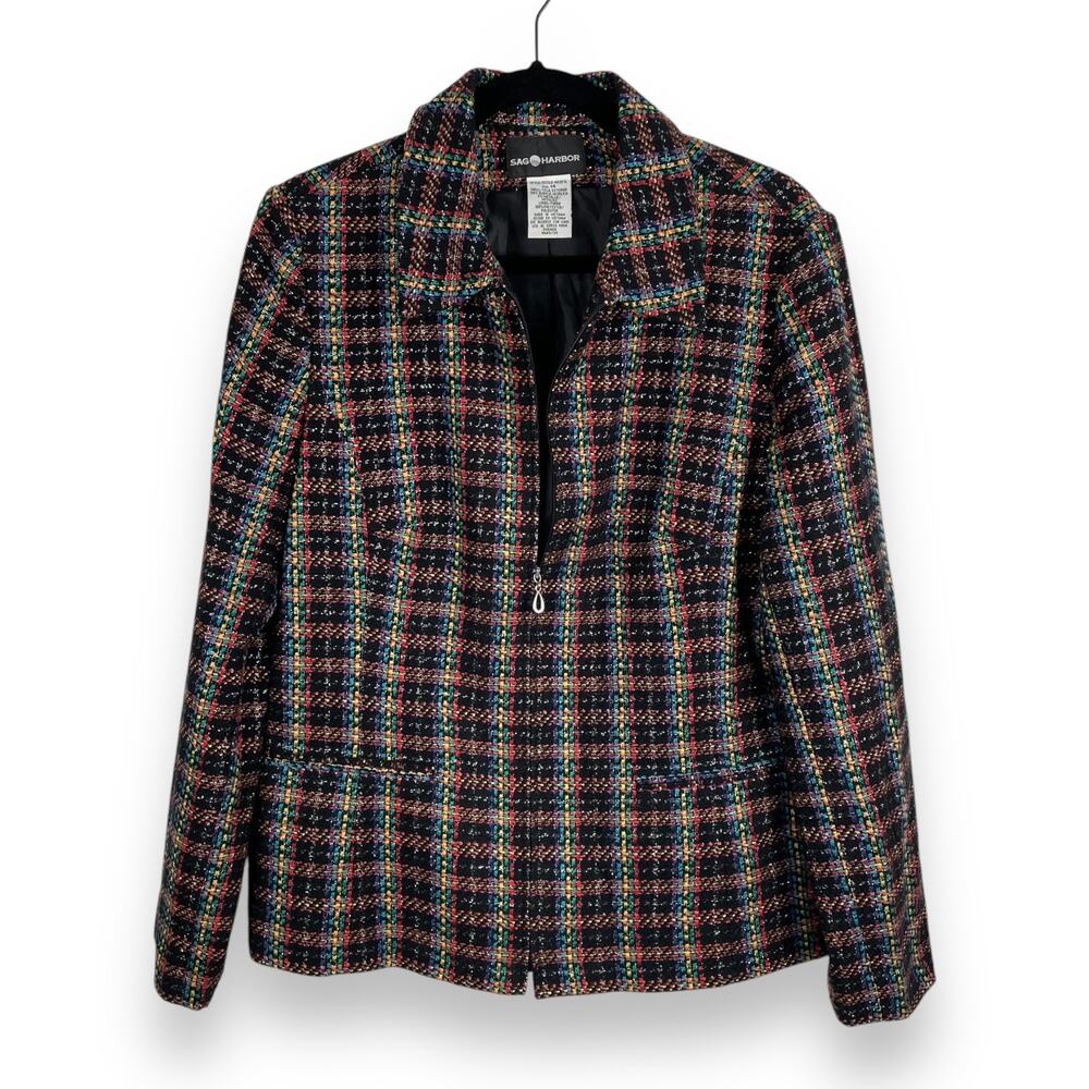 90s Vintage Sag Harbor Rainbow Metallic Plaid Tweed Jacket Size 14 Zip Up Blazer